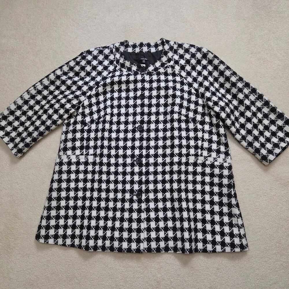 Rafella 2X Wool Blend Classic Houndstooth Cape Style Jacket Lined Retro Blk Wht